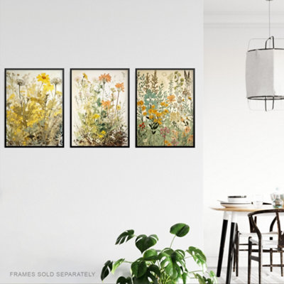 Wall Art Print Set of 3 Wildflowers Vintage Pastel Colour Floral ...