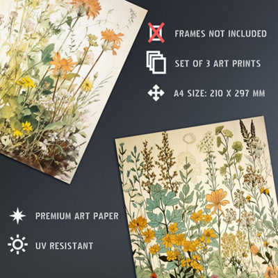 Wall Art Print Set of 3 Wildflowers Vintage Pastel Colour Floral ...