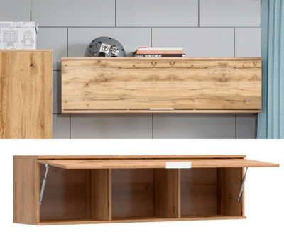 Wall Cabinet Unit Storage Bedroom Living Room Oak Effect 135cm Lift Up Door Modern Shelf Cupboard Zele