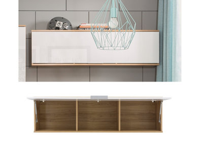 Wall Cabinet Unit Storage Bedroom Living Room White Gloss and Oak Finish Modern Wall Shelf Cupboard Zele