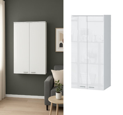 Wall Cabinet Unit White Gloss Storage Modern Bedroom Living Room Cupboard Sol