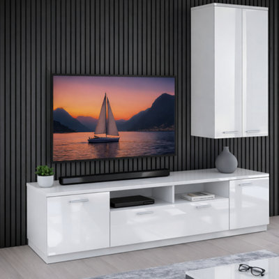 Wall Cabinet Unit White Gloss Storage Modern Bedroom Living Room Cupboard Sol