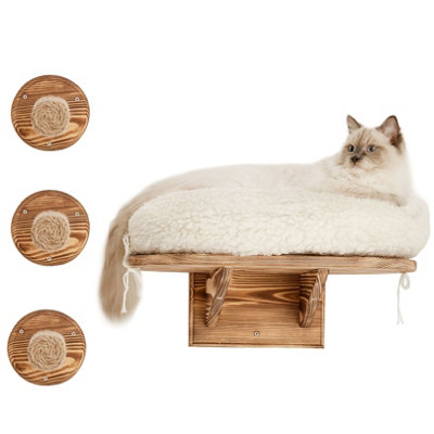 Wall Cat Bed With Set Of 3 Round Sisal Rope Cat Shelves Steps & Extra Soft Cushion - Solid Wood Cat Wall Furniture for Indoor Cats