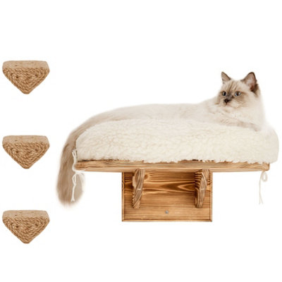 Wall Cat Bed With Set Of 3 Triangular Sisal Rope Cat Steps and Extra Soft Cushion - Solid Wood Cat Wall Furniture for Indoor Cats