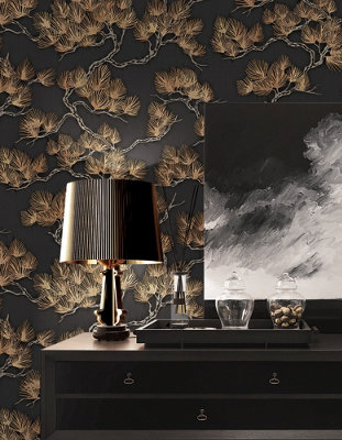 Wall Fabric Oriental Pine Black/Copper Wallpaper