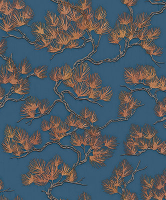 Wall Fabric Oriental Pine Blue/Copper Wallpaper