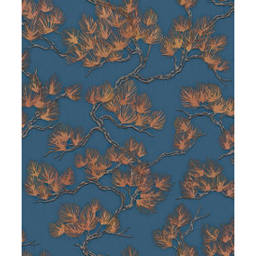 Wall Fabric Oriental Pine Blue/Copper Wallpaper