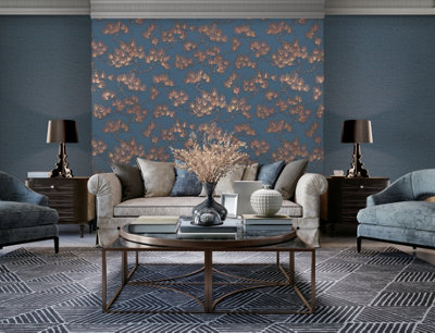 Wall Fabric Oriental Pine Blue/Copper Wallpaper