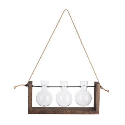 Wall Hanging Wooden Plant Propagation Station with 3 Bulbs glass Vase