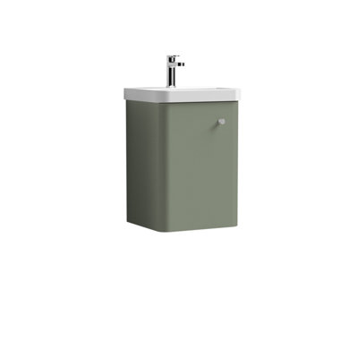 Wall Hung 1 Door Vanity Unit with Ceramic Sink - 400mm - Satin Green