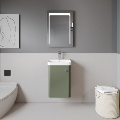 Wall Hung 1 Door Vanity Unit with Ceramic Sink - 400mm - Satin Green