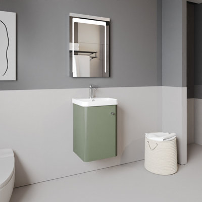 Wall Hung 1 Door Vanity Unit with Ceramic Sink - 400mm - Satin Green