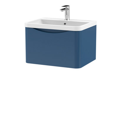 Wall Hung 1 Drawer Vanity Basin Unit with Polymarble Basin, 600mm - Satin Blue