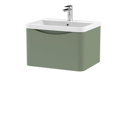 Wall Hung 1 Drawer Vanity Basin Unit with Polymarble Basin, 600mm - Satin Green