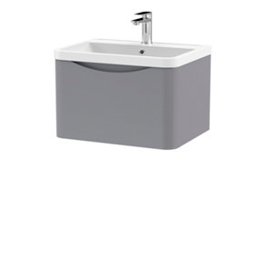 Wall Hung 1 Drawer Vanity Basin Unit with Polymarble Basin, 600mm - Satin Grey