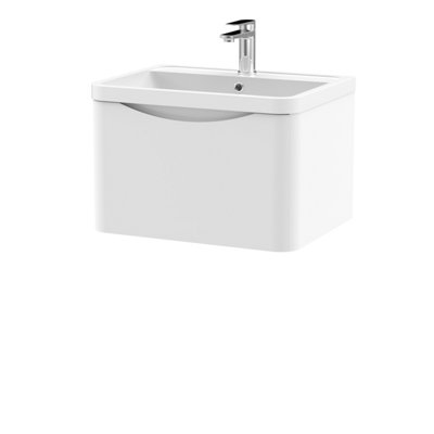 Wall Hung 1 Drawer Vanity Basin Unit with Polymarble Basin, 600mm - Satin White