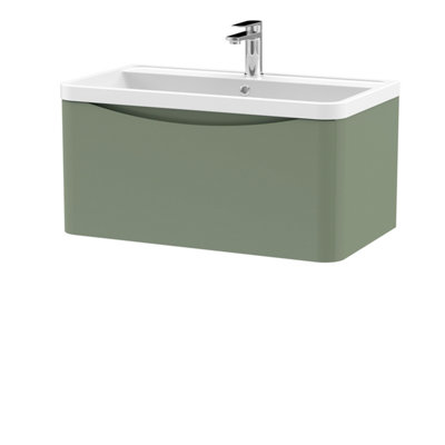 Wall Hung 1 Drawer Vanity Basin Unit with Polymarble Basin, 800mm - Satin Green