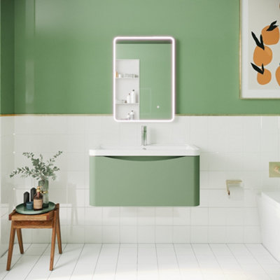 Wall Hung 1 Drawer Vanity Basin Unit with Polymarble Basin, 800mm - Satin Green