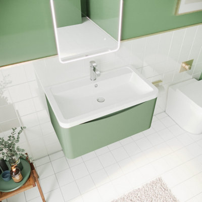 Wall Hung 1 Drawer Vanity Basin Unit with Polymarble Basin, 800mm - Satin Green