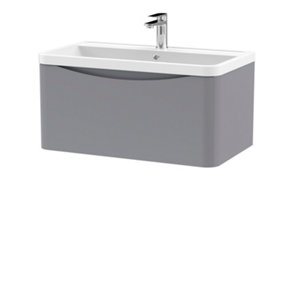 Wall Hung 1 Drawer Vanity Basin Unit with Polymarble Basin, 800mm - Satin Grey