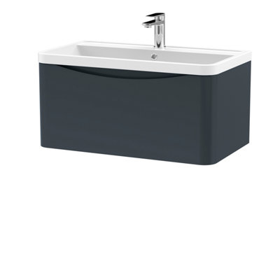 Wall Hung 1 Drawer Vanity Basin Unit with Polymarble Basin, 800mm - Soft Black