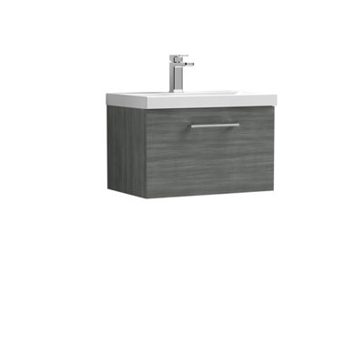 Wall Hung 1 Drawer Vanity Unit with Mid-Edge Ceramic Basin, 600mm - Woodgrain Anthracite