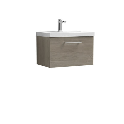 Wall Hung 1 Drawer Vanity Unit with Mid-Edge Ceramic Basin, 600mm - Woodgrain Solace Oak Price Comparisons | Compare The Build