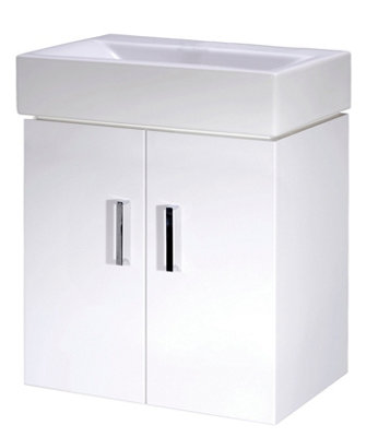 Wall Hung 2 Door Cloakroom Vanity Basin Unit - 450mm - Gloss White