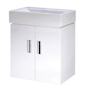 Wall Hung 2 Door Cloakroom Vanity Basin Unit - 450mm - Gloss White