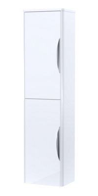 Wall Hung 2 Door Tall Bathroom Storage Unit - 350mm - Gloss White