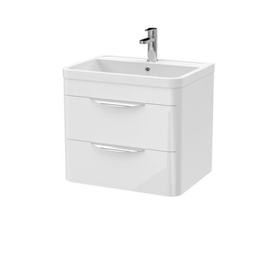 Wall Hung 2 Drawer Bathroom Vanity Unit with Polymarble Basin - 600mm - Gloss White