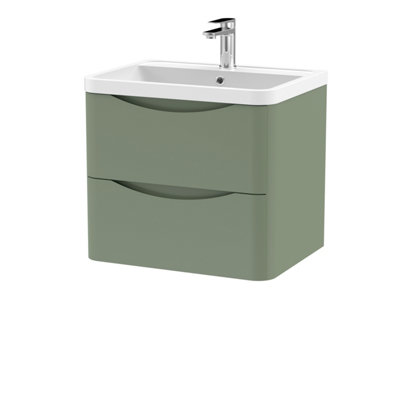 Wall Hung 2 Drawer Vanity Basin Unit with Polymarble Basin, 600mm - Satin Green