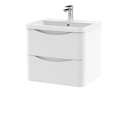 Wall Hung 2 Drawer Vanity Basin Unit with Polymarble Basin, 600mm - Satin White