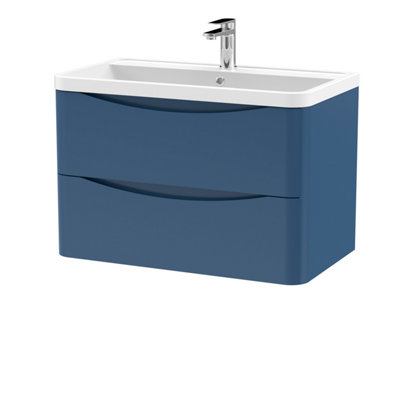 Wall Hung 2 Drawer Vanity Basin Unit with Polymarble Basin, 800mm - Satin Blue