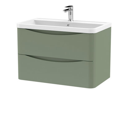 Wall Hung 2 Drawer Vanity Basin Unit with Polymarble Basin, 800mm - Satin Green