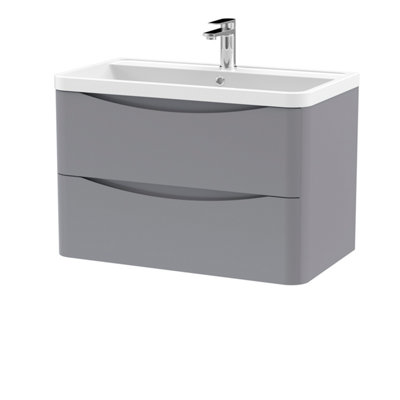 Wall Hung 2 Drawer Vanity Basin Unit with Polymarble Basin, 800mm - Satin Grey