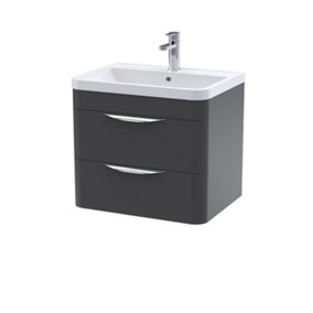 Wall Hung 2 Drawer Vanity Unit with Ceramic Basin - 600mm - Soft Black