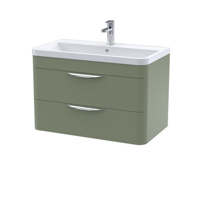 Wall Hung 2 Drawer Vanity Unit with Ceramic Basin - 800mm - Satin Green