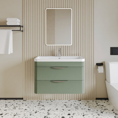 Wall Hung 2 Drawer Vanity Unit with Ceramic Basin - 800mm - Satin Green