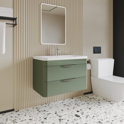 Wall Hung 2 Drawer Vanity Unit with Ceramic Basin - 800mm - Satin Green