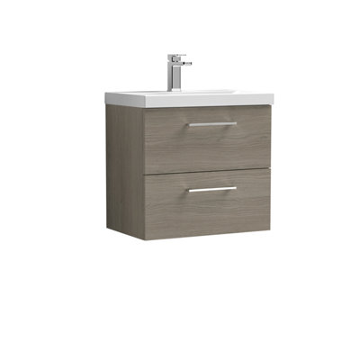 Wall Hung 2 Drawer Vanity Unit with Mid-Edge Ceramic Basin, 600mm - Woodgrain Solace Oak Price Comparisons | Compare The Build