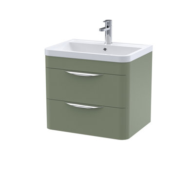 Wall Hung 2 Drawer Vanity Unit with Polymarble Basin - 600mm - Satin Green