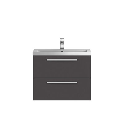 Wall Hung 2 Drawer Vanity Unit with Polymarble Basin, 720mm - Gloss Grey