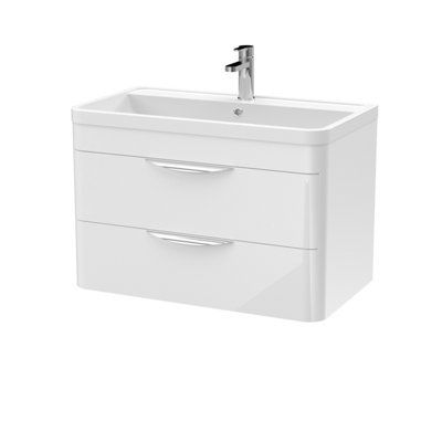 Wall Hung 2 Drawer Vanity Unit with Polymarble Basin - 800mm - Gloss White