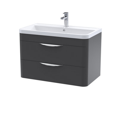 Wall Hung 2 Drawer Vanity Unit with Polymarble Basin - 800mm - Soft Black