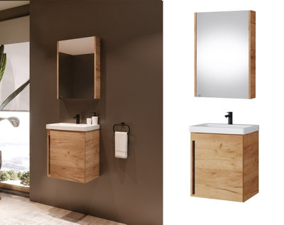 Wall Hung 500mm Vanity Unit with Basin and Mirror Cabinet Set Wall Storage Narrow Slimline Bathroom Oak Effect Avir