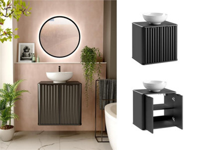 Wall Hung Bathroom Cabinet Black Vanity Sink Unit 600mm Countertop with Basin Ribbed Fluted Doors Nero