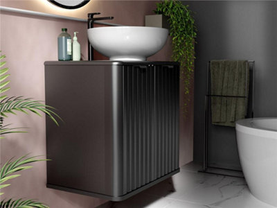 Wall Hung Bathroom Cabinet Black Vanity Sink Unit 600mm Countertop with ...