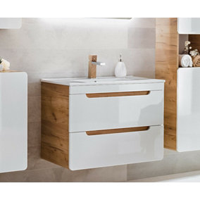 Wall Hung Drawers Bathroom Vanity Unit with Sink 600mm Cabinet with Basin Compact White Gloss Oak Effect Arub