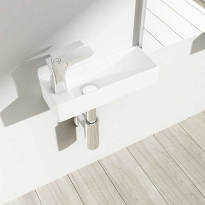 Wall Hung Mount Mini Ceramic  Rectangular Cloakroom Washing Basin Ultra Slim - Left Hand Tap Hole